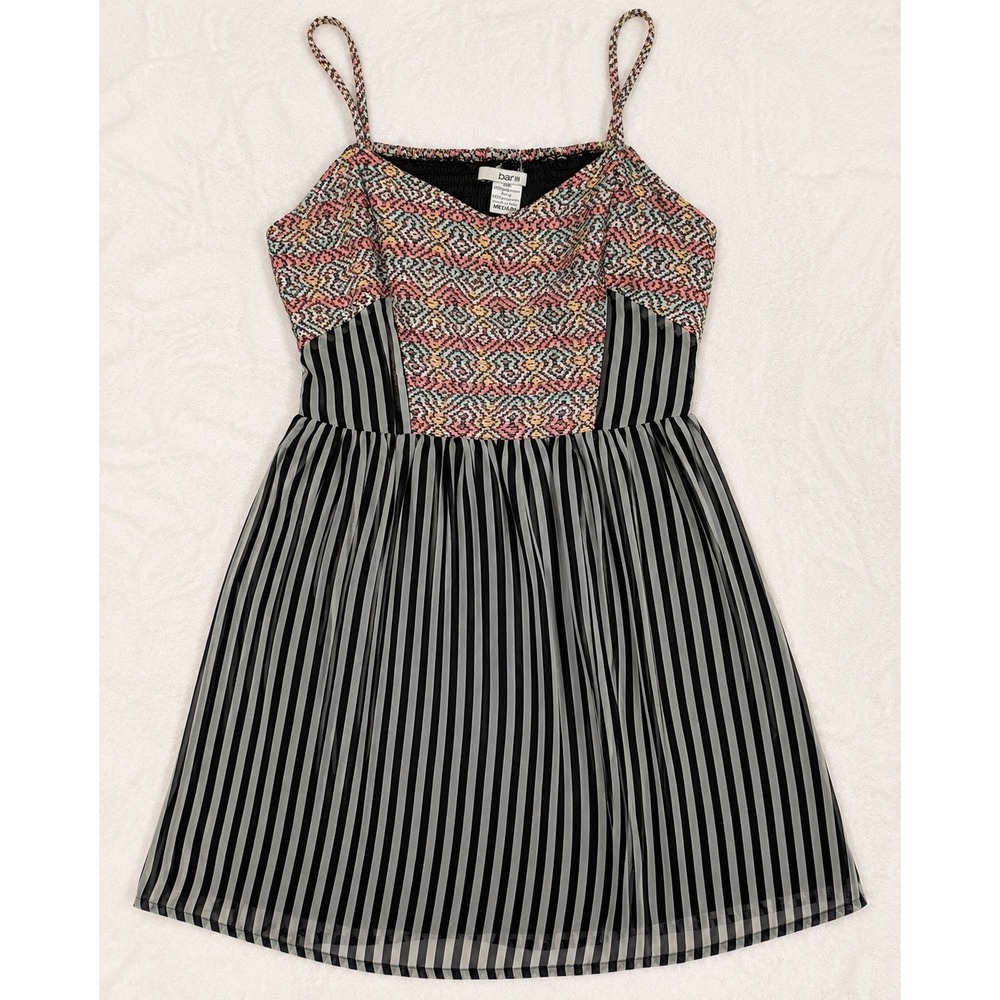 Bar III Mini Dress Womens Medium Black Stripe Boho Pattern Lined Sundress - Picture 1 of 11